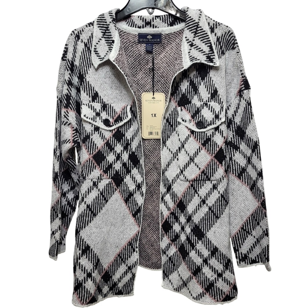 Seven Manor 1X Front Pocket Open Coat Cardigan Sweater Argyle Tartan Plaid NWT